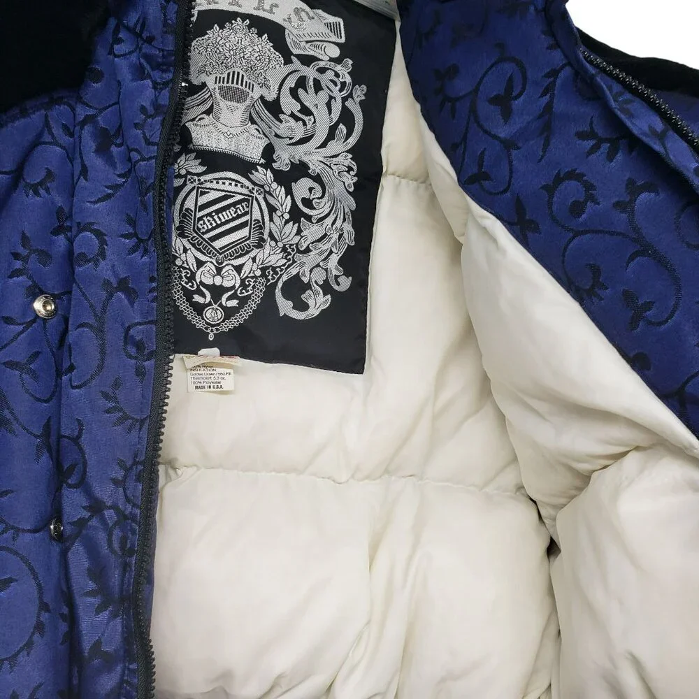 Vintage Nils Down Fill Ski Jacket Winter Coat Fur Trim Blue Jacquard Print Retro - Picture 14 of 16